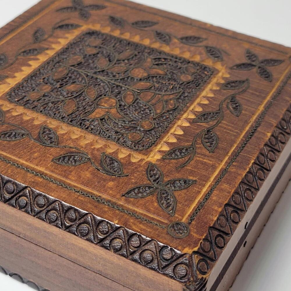 Vintage Square Wooden Box Flower Leaf Floral Brown Made n Poland Polish European